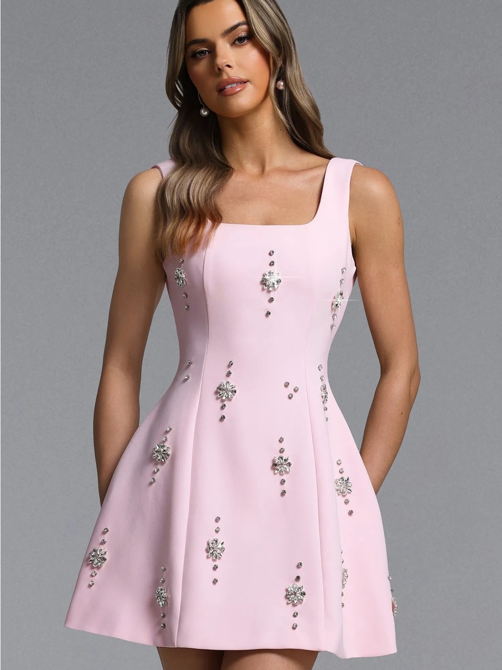 Embellished Light Pink Square-Neck Mini Dress
